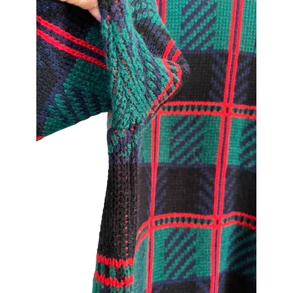 Retro Plaid Knit Sweater XL Red Mod Classic Preppy Boho Festive Holiday Chic 80s - Picture 9 of 13